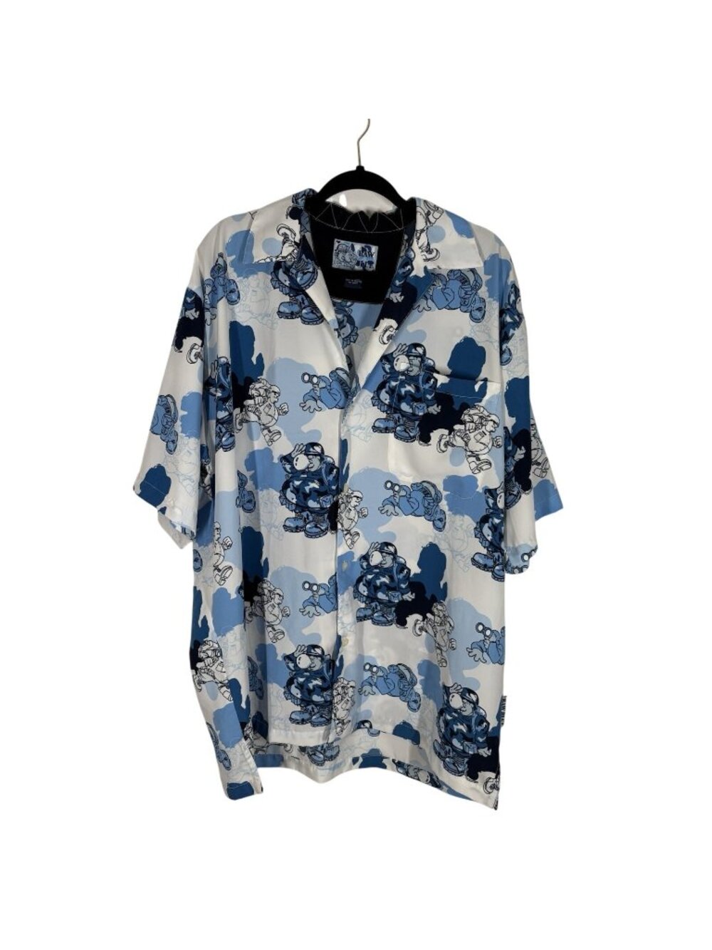 Vintage Raw Blue Men Sz XL Blue White Soldier Print S/S Button Up Casual Shirt